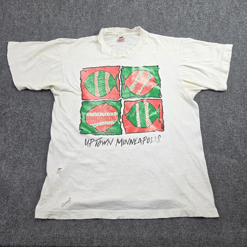 Vintage Uptown Minneapolis Tshirt L White Single Stitch Fish Graphic Made in USA